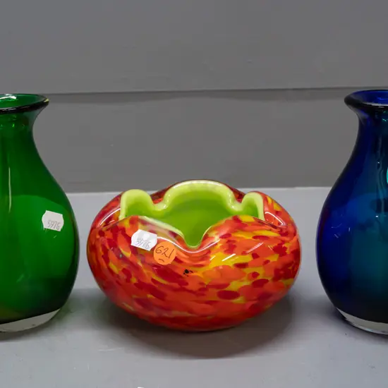 3 art glass items - mottled orange over lime green ashtray / bowl and 2 squat bottle vases H-150