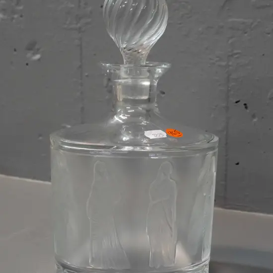 Lalique France "Femme à l'Antique" impressed frosted and clear whisky decanter with stopper - chips all around base and