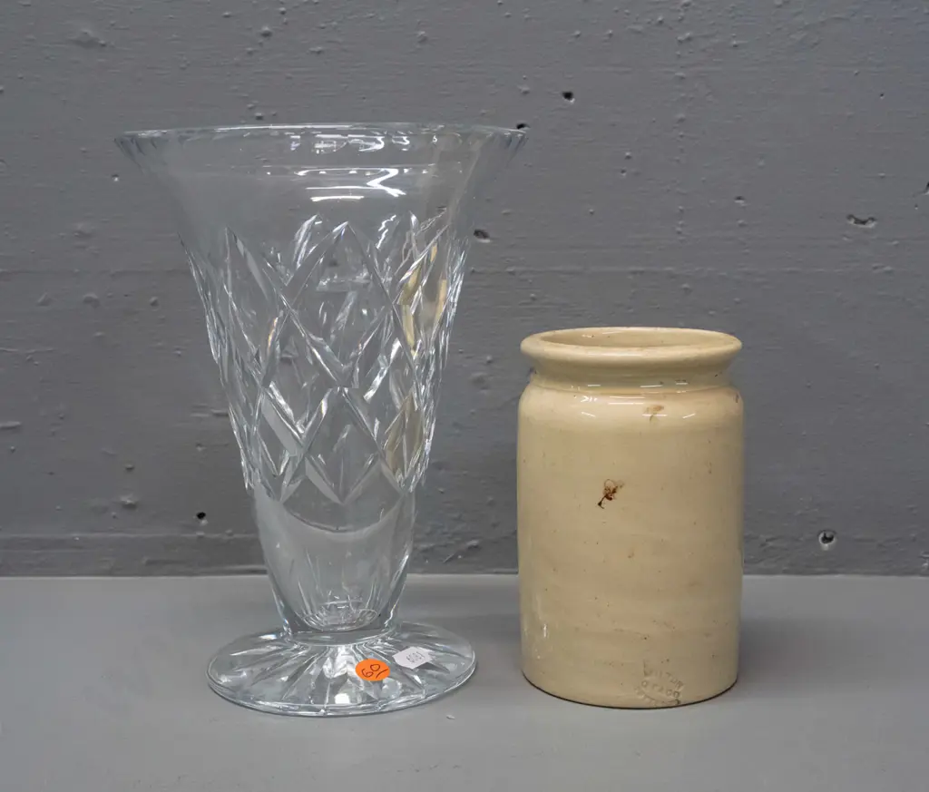 stoneware pot marked Milton Potteries / St George Jam Works Dunedin & a trumpet shaped crystal vase. Jam pot has Image 1++