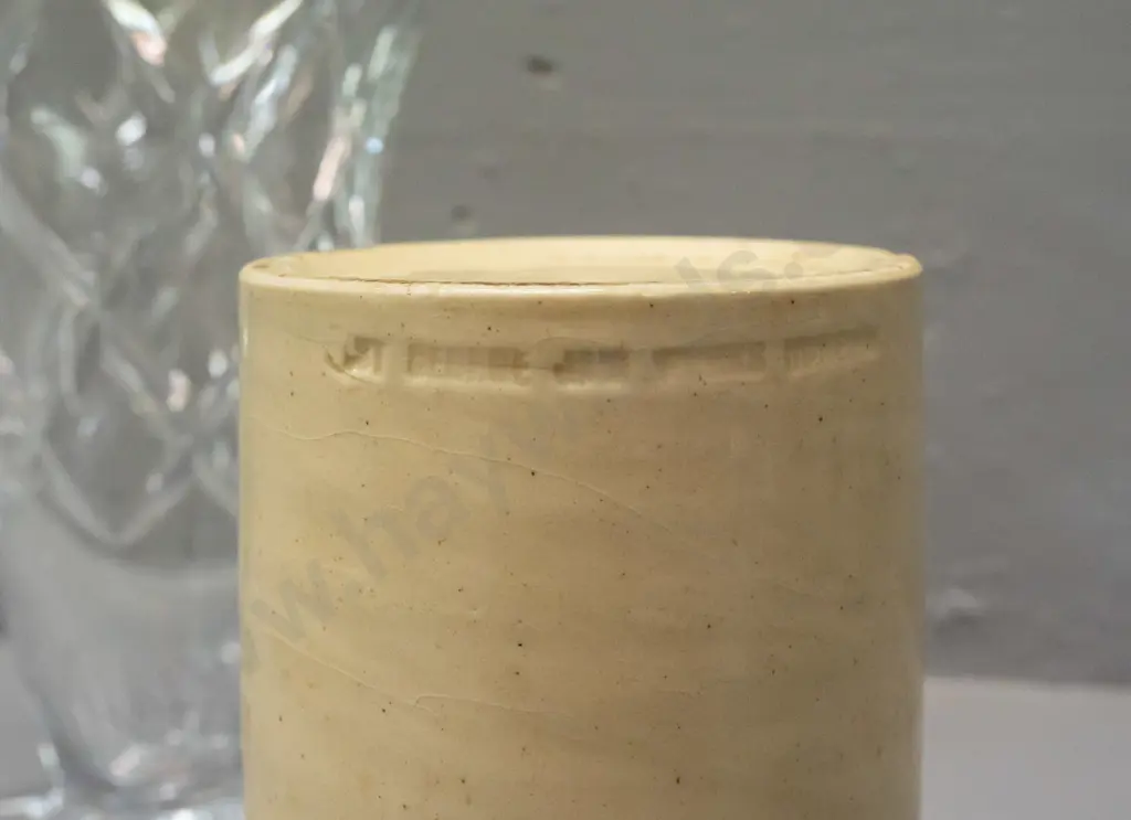 stoneware pot marked Milton Potteries / St George Jam Works Dunedin & a trumpet shaped crystal vase. Jam pot has Image 1++