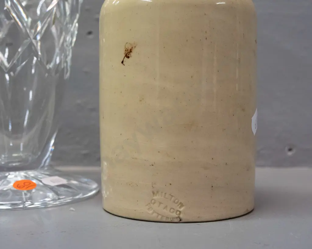 stoneware pot marked Milton Potteries / St George Jam Works Dunedin & a trumpet shaped crystal vase. Jam pot has Image 1++