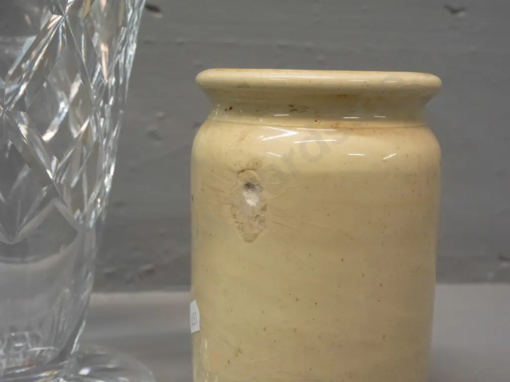 stoneware pot marked Milton Potteries / St George Jam Works Dunedin & a trumpet shaped crystal vase. Jam pot has Image 1++