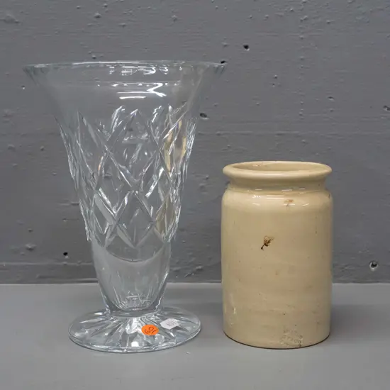 stoneware pot marked Milton Potteries / St George Jam Works Dunedin & a trumpet shaped crystal vase. Jam pot has