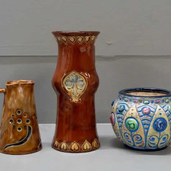 2 small Royal Dolton stoneware vases - taller is H-150 - and an Imperial Amphora pot