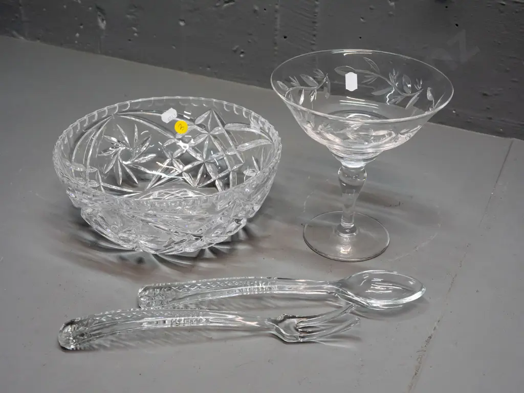 Stuart cut crystal comport H-165 D-160 and an unmarked salad bowl with servers Image 1++