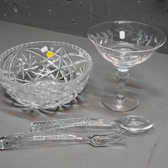 Stuart cut crystal comport H-165 D-160 and an unmarked salad bowl with servers