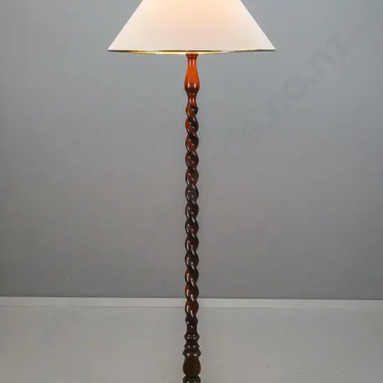 vintage mixed timbers barley twist standard lamp on 3-point base, flared shade with brass rims - 2 legs loose. H-1630