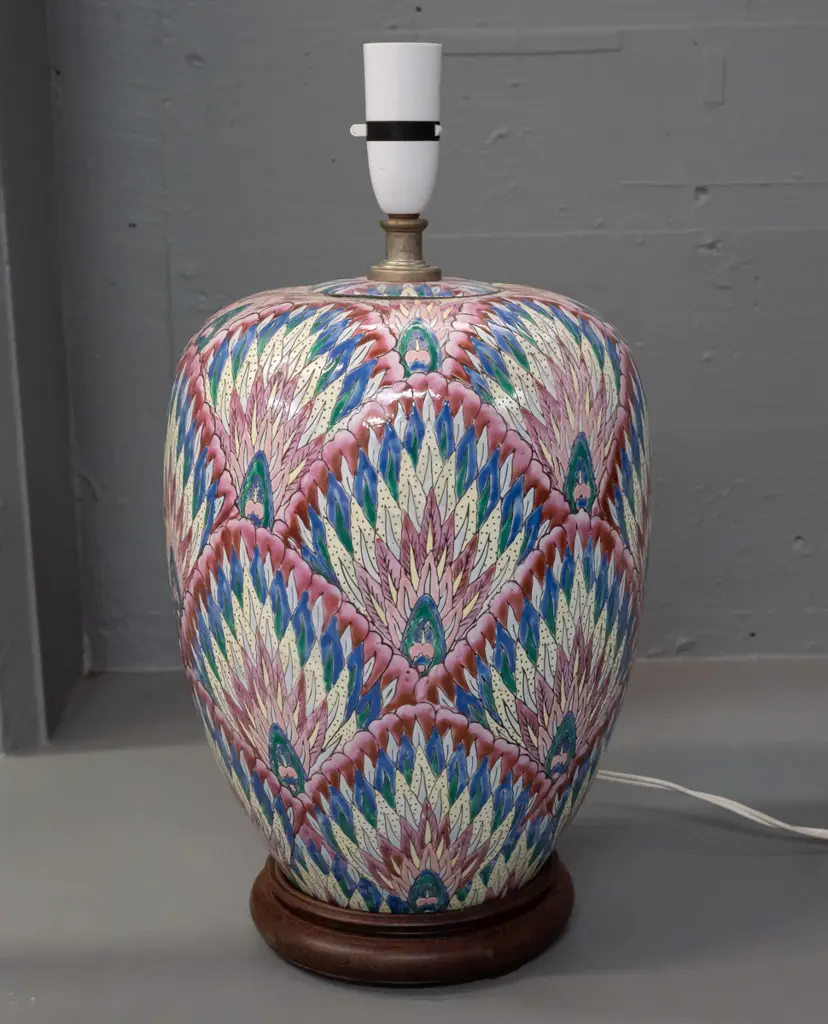 Chinese porcelain table lamp on turned wooden base, no shade - peacock feather motif in cream, pale blue and red H-440 Image 1++
