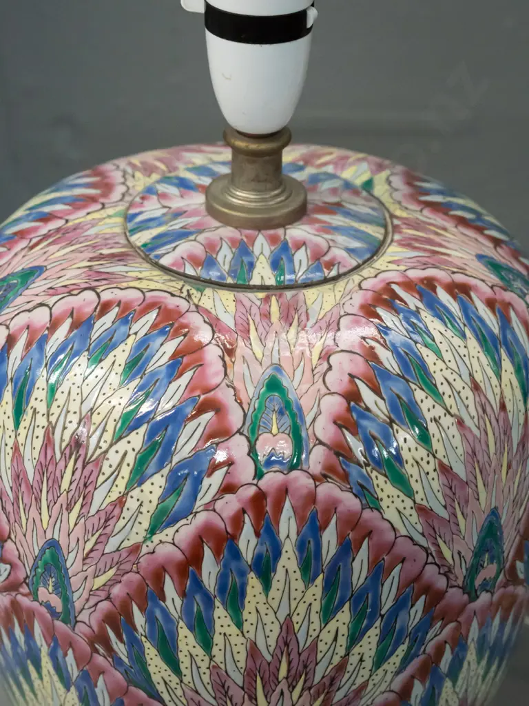 Chinese porcelain table lamp on turned wooden base, no shade - peacock feather motif in cream, pale blue and red H-440 Image 1++