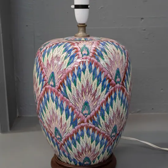 Chinese porcelain table lamp on turned wooden base, no shade - peacock feather motif in cream, pale blue and red H-440