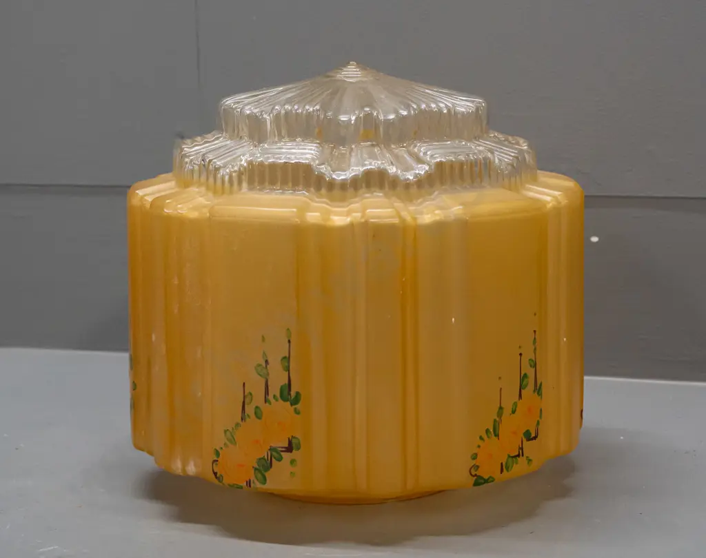 vintage hand decorated ceiling light shade with clear faceted centre - has chip to rim H-190 D-200 Image 1++