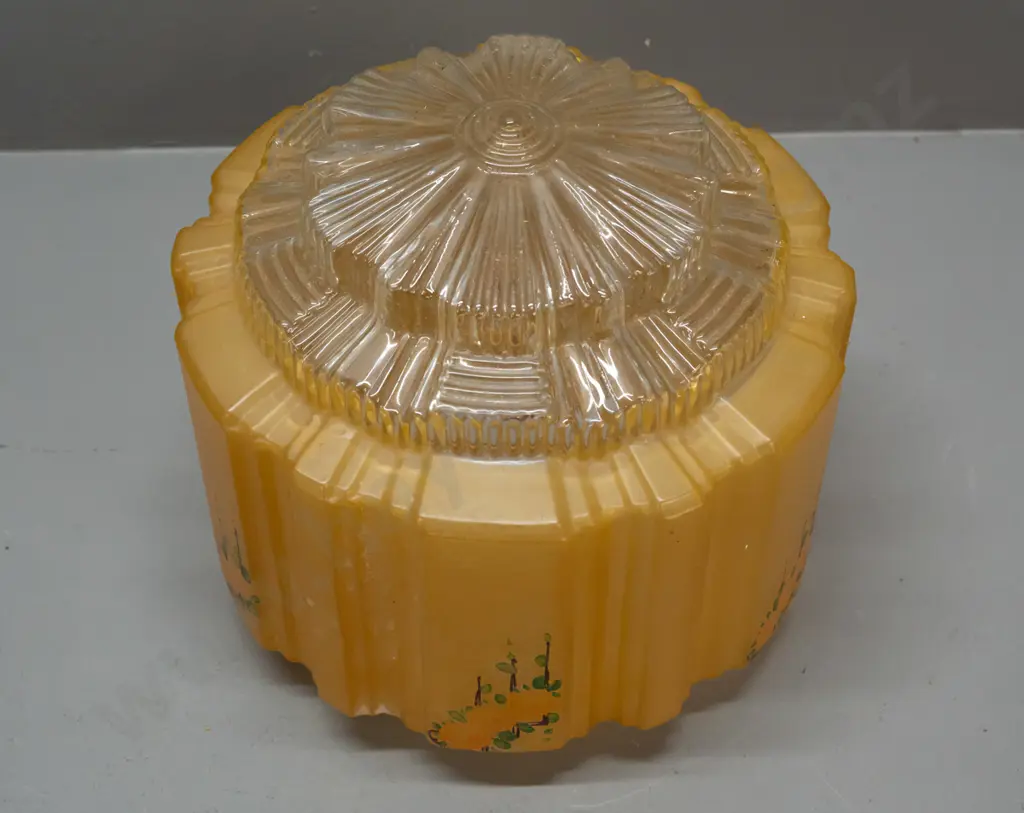 vintage hand decorated ceiling light shade with clear faceted centre - has chip to rim H-190 D-200 Image 1++