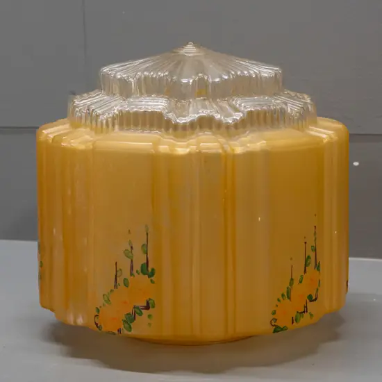 vintage hand decorated ceiling light shade with clear faceted centre - has chip to rim H-190 D-200