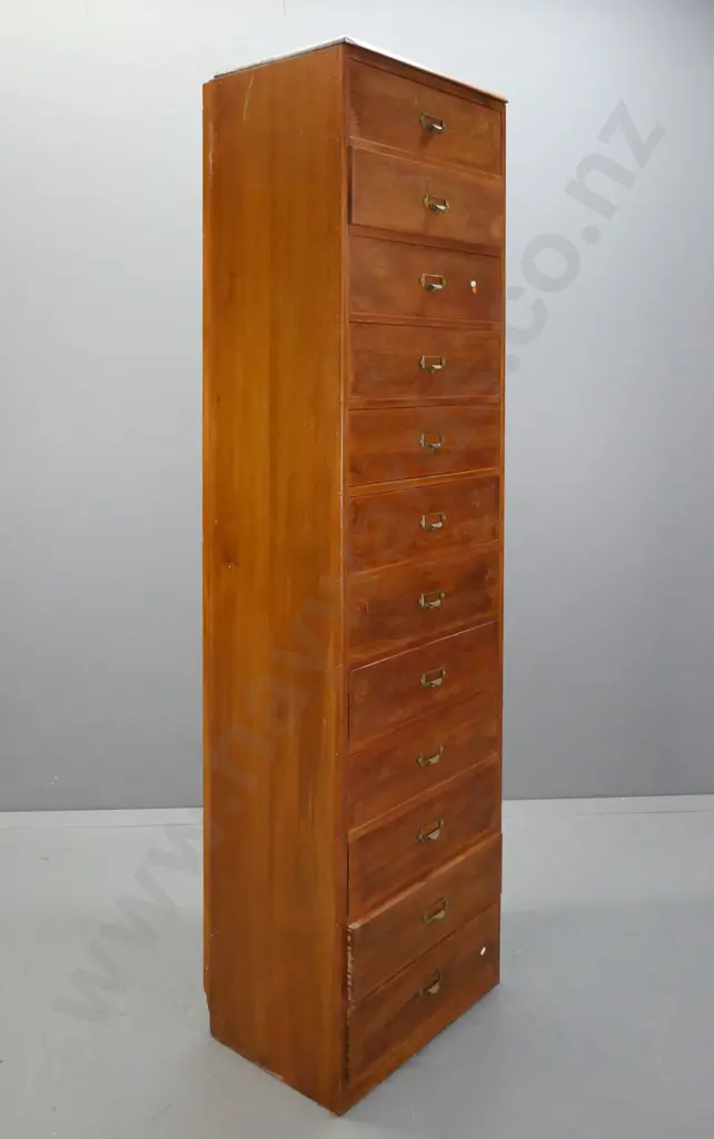 restorer's 1930s or 40s tall rimu 12-drawer chest with brass tab handles - drawers sticking, some jammed from moisture Image 1++