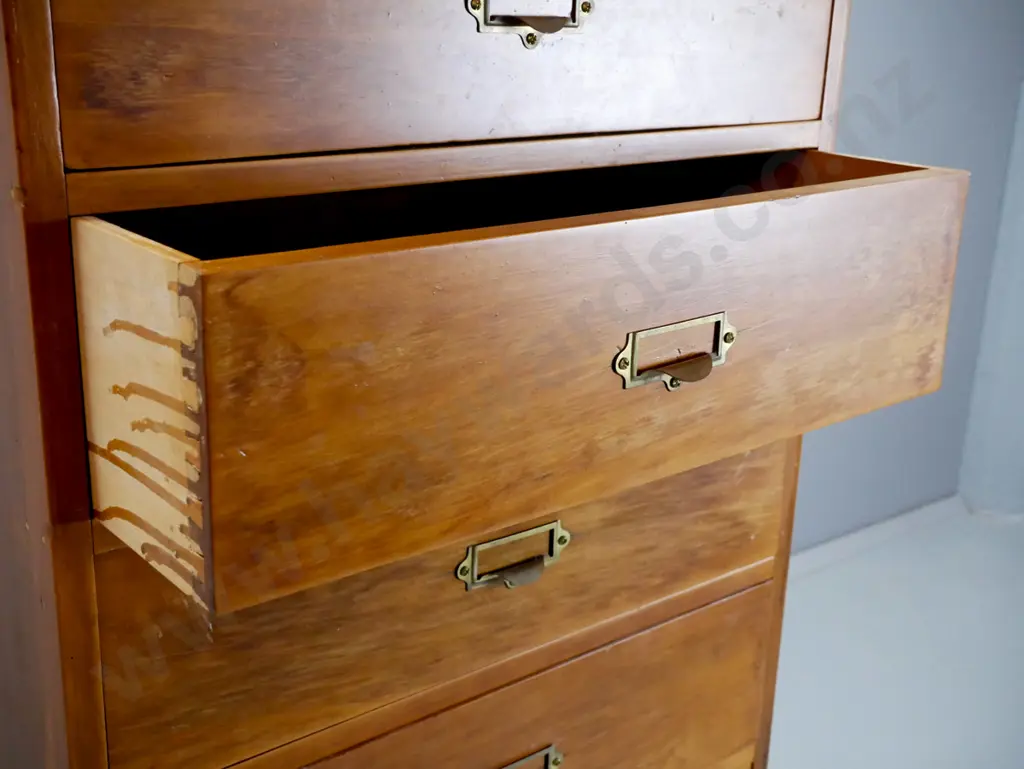 restorer's 1930s or 40s tall rimu 12-drawer chest with brass tab handles - drawers sticking, some jammed from moisture Image 1++