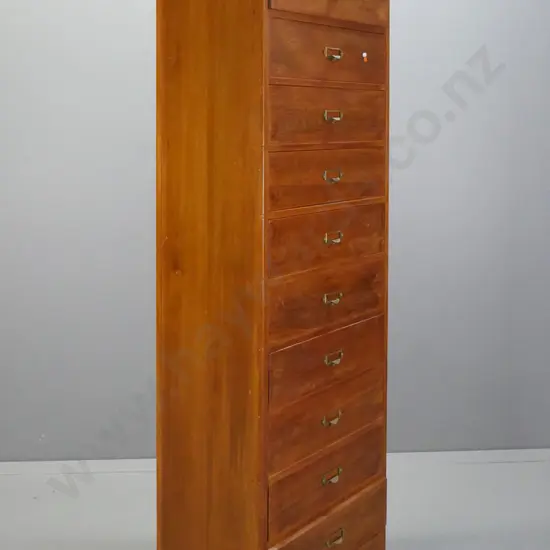 restorer's 1930s or 40s tall rimu 12-drawer chest with brass tab handles - drawers sticking, some jammed from moisture