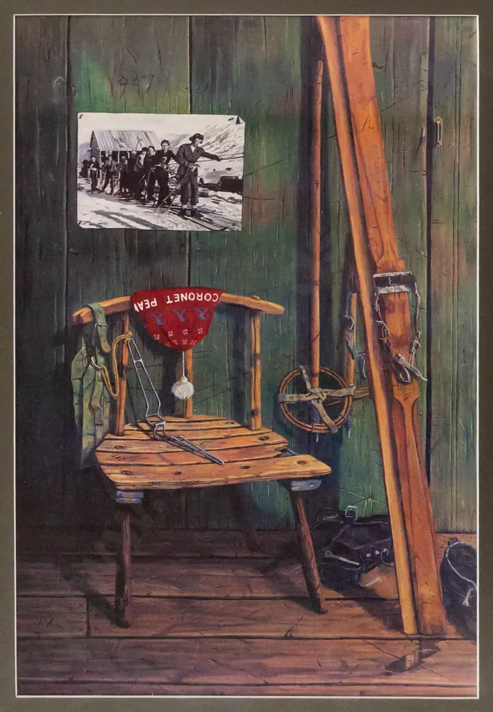 Thomas L Brown - framed ltd edition print 237/300 - various vintage ski gear H450 W300 Image 1++