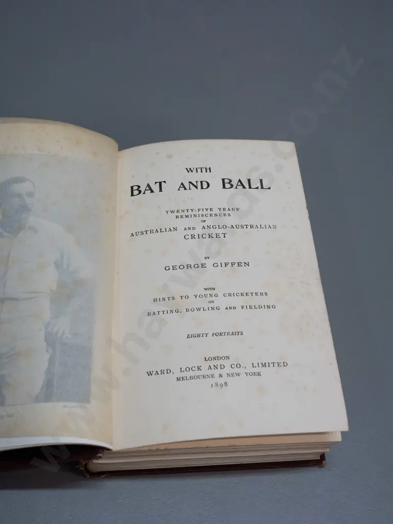 vintage hard cover cricket book - With Bat and Ball by George Giffen, pub. 1898 - fading to spine, overall foxing / wear Image 1++