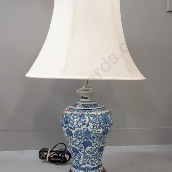 Chinese blue & white porcelain table lamp with circular wooden base, ivory fabric shade H-630 Shade D-400