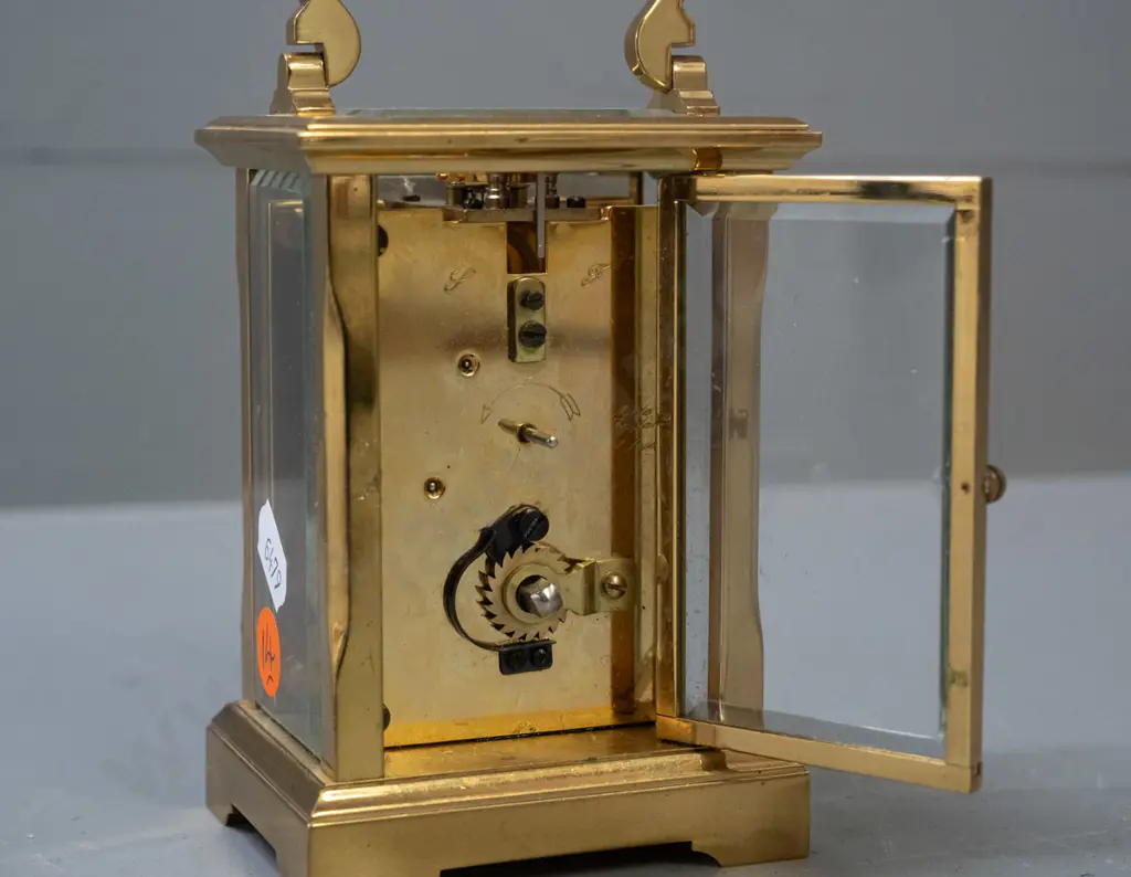 brass carriage clock with bevelled glass panels - marked Morrell & Hilton Huntingdon, movement marked Made in England - Image 1++