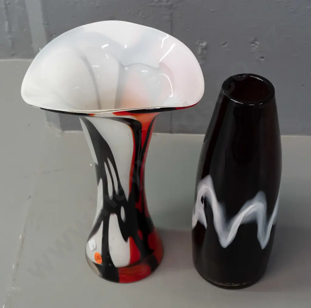 2 art glass vases - flared red black and white over clear H-270 & a heavy bullet shape dark cranberry and white overlay Image 1++