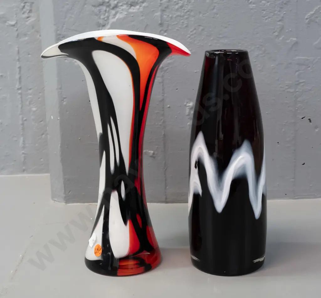 2 art glass vases - flared red black and white over clear H-270 & a heavy bullet shape dark cranberry and white overlay Image 1++