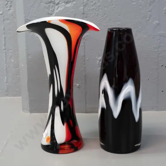 2 art glass vases - flared red black and white over clear H-270 & a heavy bullet shape dark cranberry and white overlay