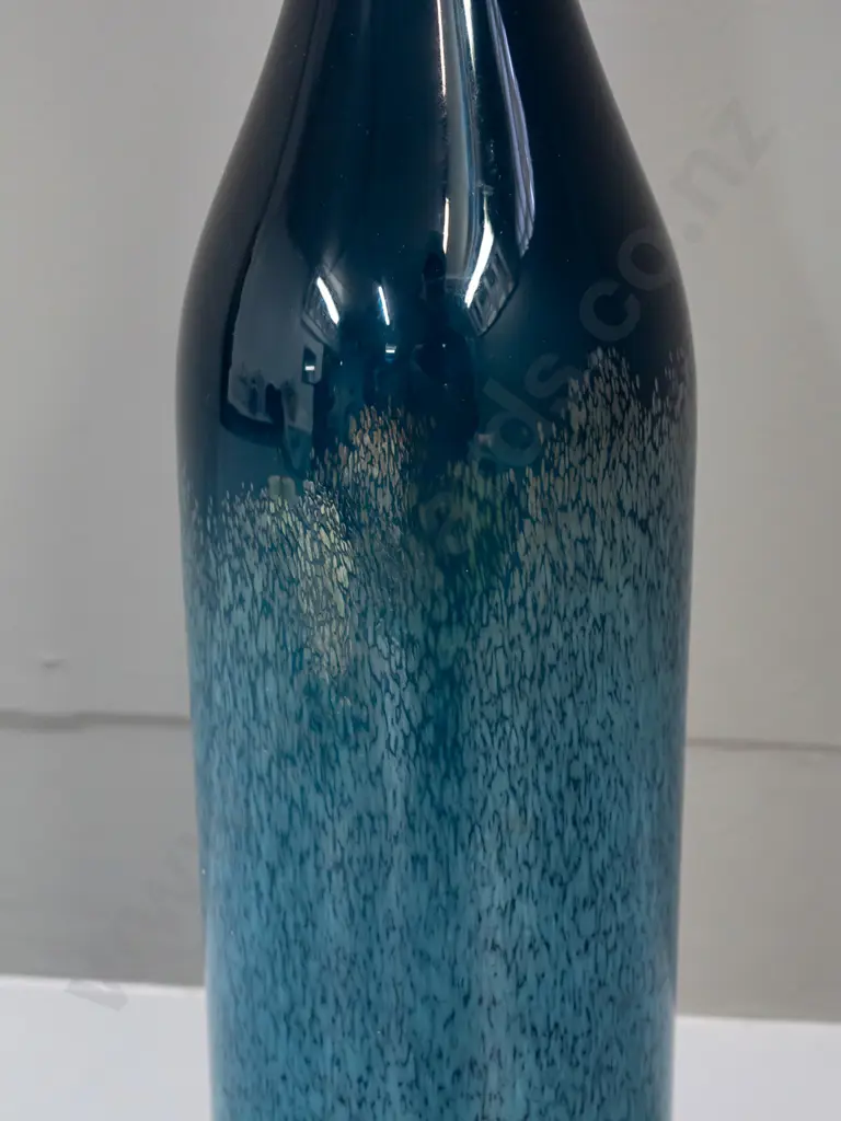 tall art glass narrow-necked bottle vase - dark blue with iridescent mottled overlay H-610 Image 1++