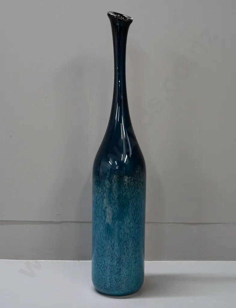 tall art glass narrow-necked bottle vase - dark blue with iridescent mottled overlay H-610 Image 1++