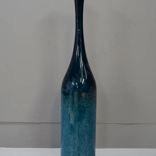 tall art glass narrow-necked bottle vase - dark blue with iridescent mottled overlay H-610