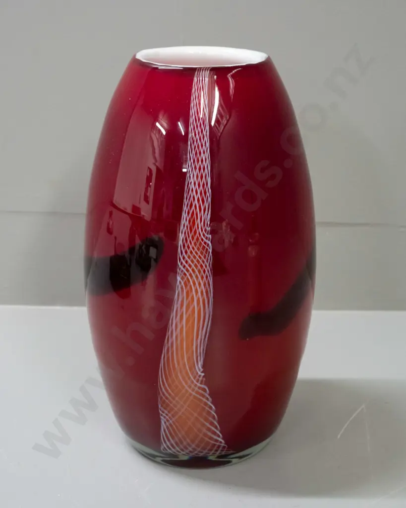 heavy art glass vase - red with black & white swirl over white inner - partial Made in Poland label H-300 Image 1++