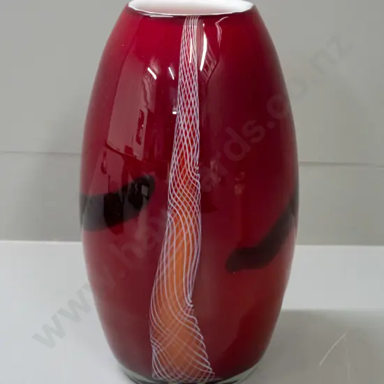 heavy art glass vase - red with black & white swirl over white inner - partial Made in Poland label H-300