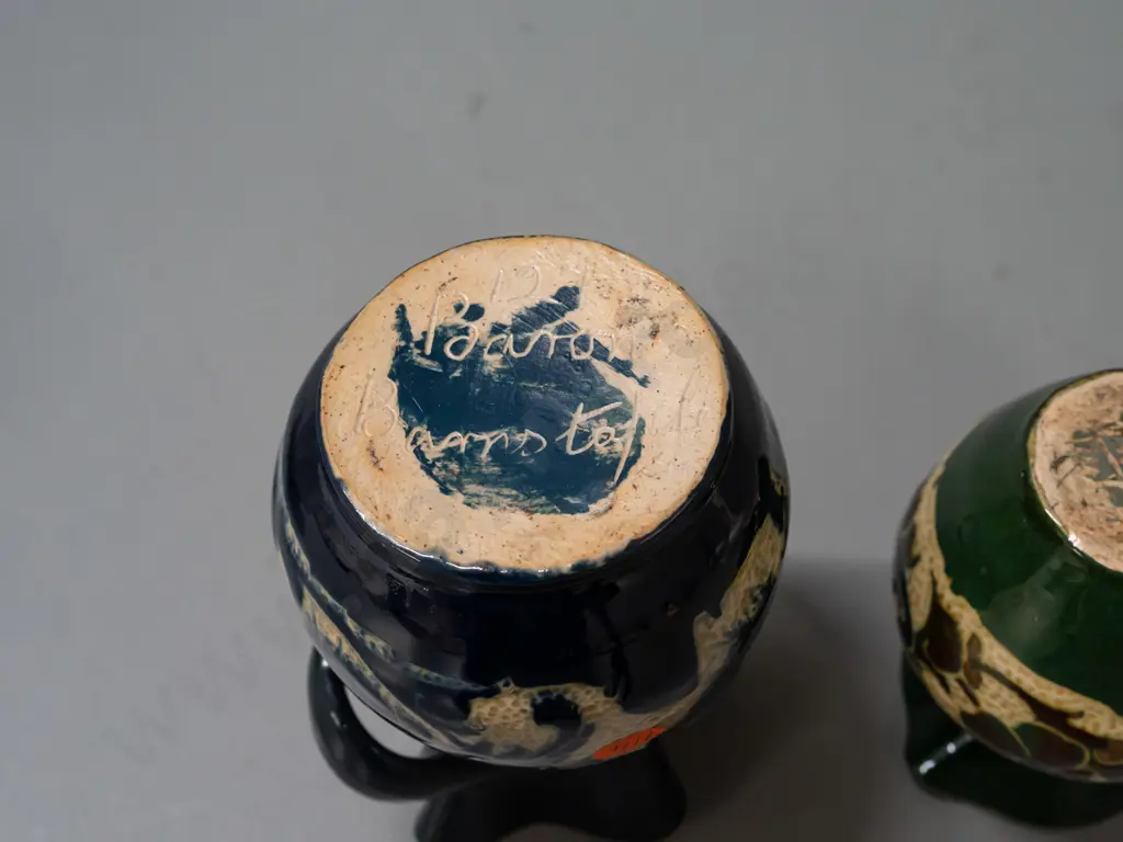 2 William Baron Barnstaple arts & crafts pottery vases - larger one with handles is H-135 Image 1++