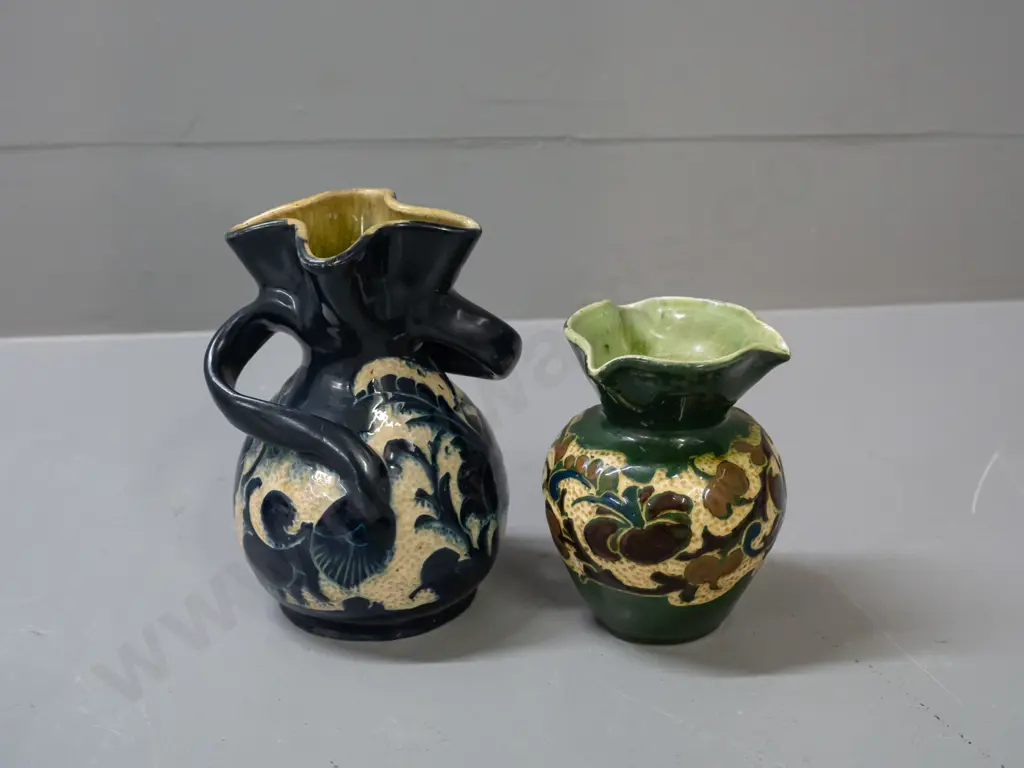 2 William Baron Barnstaple arts & crafts pottery vases - larger one with handles is H-135 Image 1++