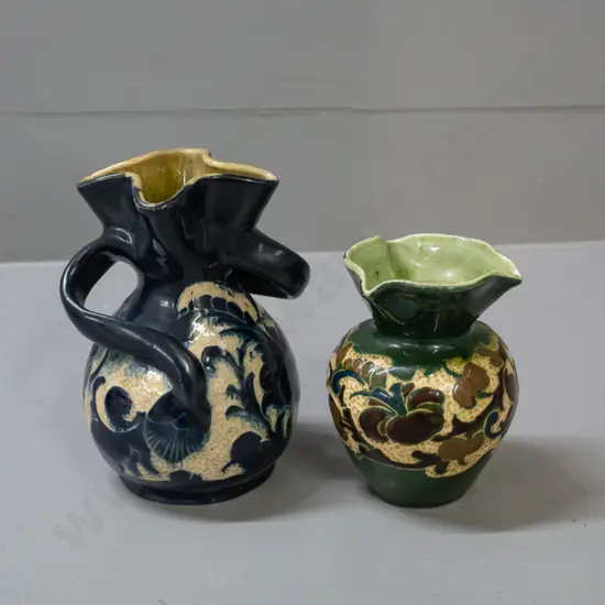 2 William Baron Barnstaple arts & crafts pottery vases - larger one with handles is H-135