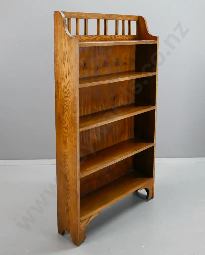 oak and rimu arts & crafts style bookcase with slatted top gallery - some staining to top shelf and overall fading Image 1++