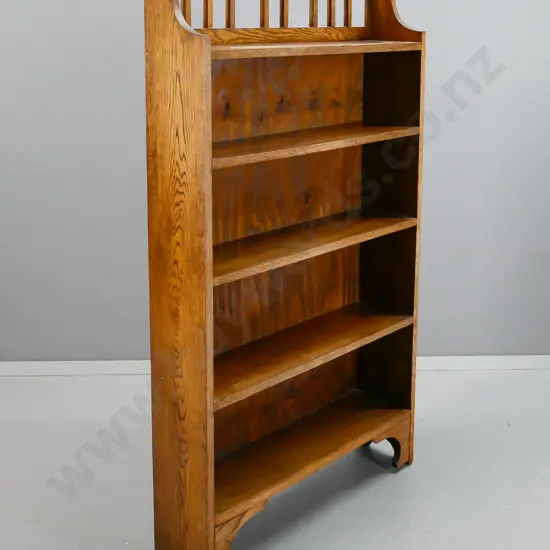 oak and rimu arts & crafts style bookcase with slatted top gallery - some staining to top shelf and overall fading