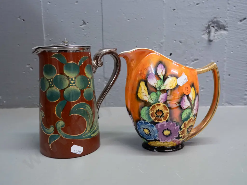 2 vintage jugs - G&S Albany & Harvey Burslem with hand painted decoration, silver trim and hinged metal lid, Image 1++