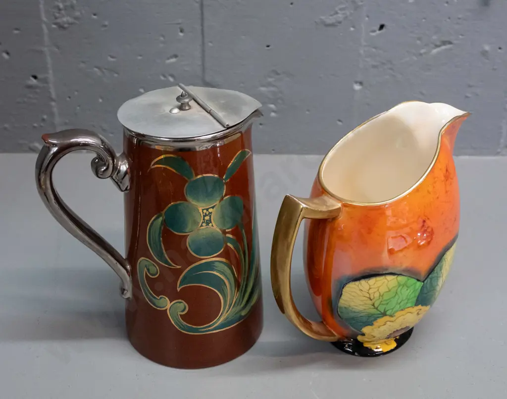 2 vintage jugs - G&S Albany & Harvey Burslem with hand painted decoration, silver trim and hinged metal lid, Image 1++