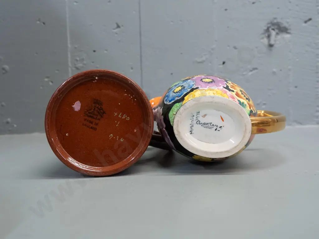 2 vintage jugs - G&S Albany & Harvey Burslem with hand painted decoration, silver trim and hinged metal lid, Image 1++