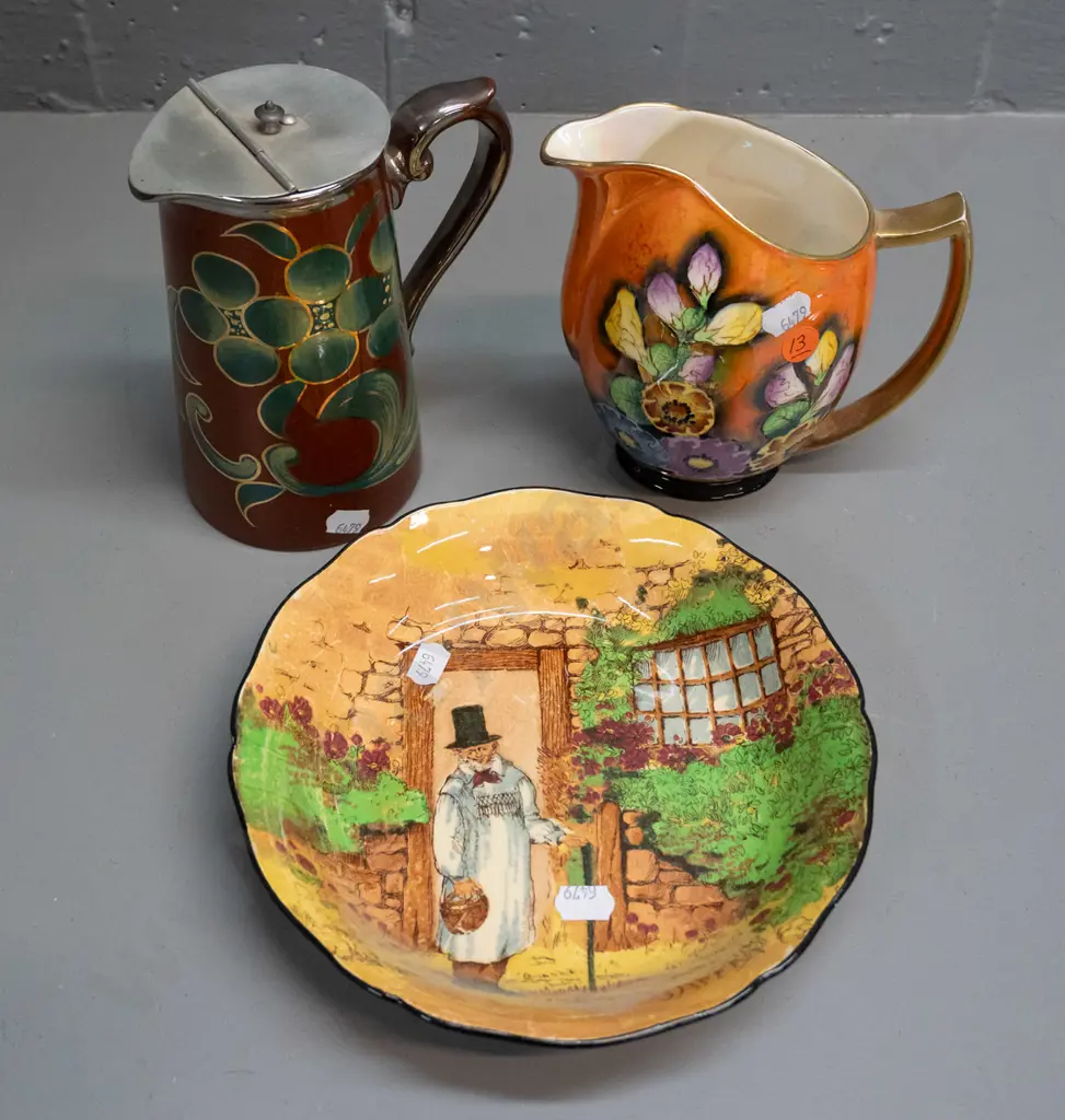 2 vintage jugs - G&S Albany & Harvey Burslem with hand painted decoration, silver trim and hinged metal lid, Image 1++