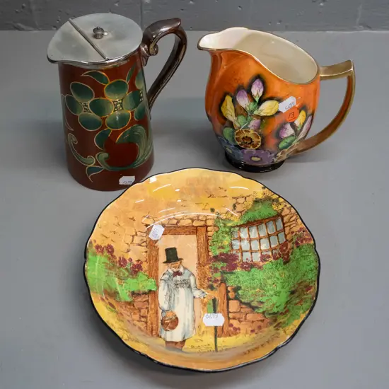 2 vintage jugs - G&S Albany & Harvey Burslem with hand painted decoration, silver trim and hinged metal lid,