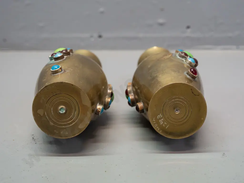 pair of Indian brass vases with applied coloured glass decorations - some discolouration H155 Image 1++