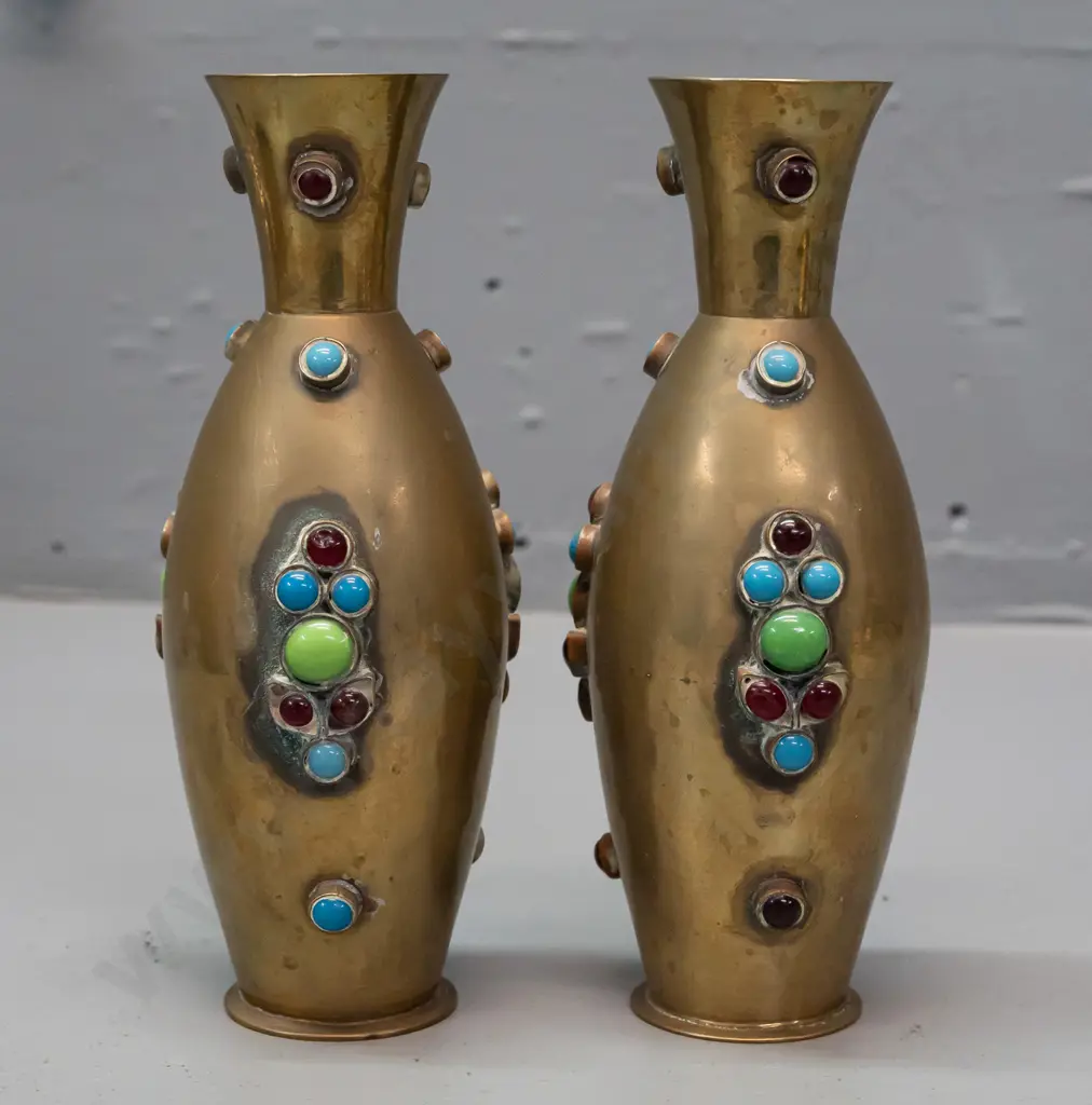 pair of Indian brass vases with applied coloured glass decorations - some discolouration H155 Image 1++