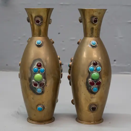 pair of Indian brass vases with applied coloured glass decorations - some discolouration H155