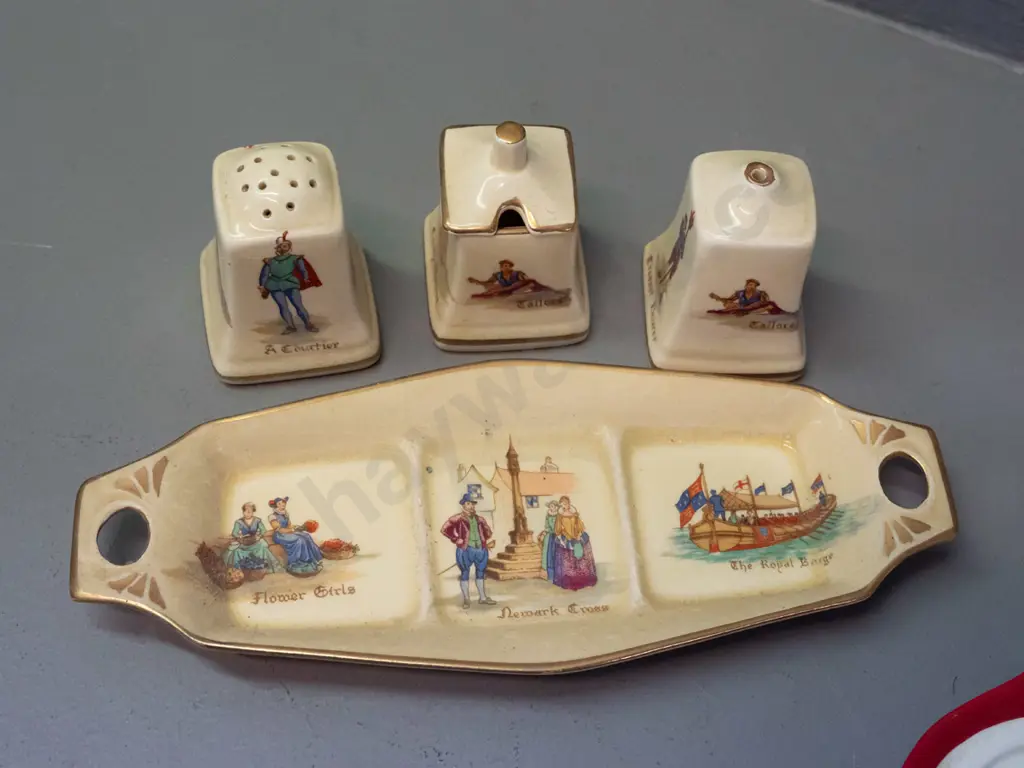 2 vintage condiment sets - Hummel or Goebel Cardinal Tuck & Royal Winton Old English Markets. Cardinal Tuck plate has659 Image 1++