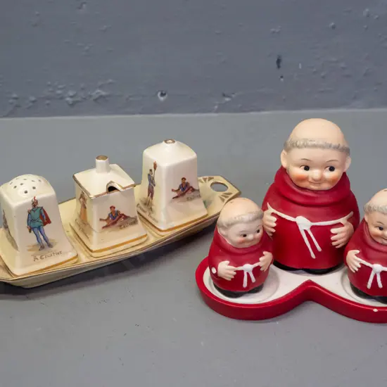 2 vintage condiment sets - Hummel or Goebel Cardinal Tuck & Royal Winton Old English Markets. Cardinal Tuck plate has659