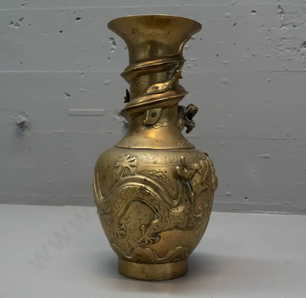 Chinese cast brass vase with etched motifs and applied dragon decoration - slight denting at top rim, discolouration Image 1++