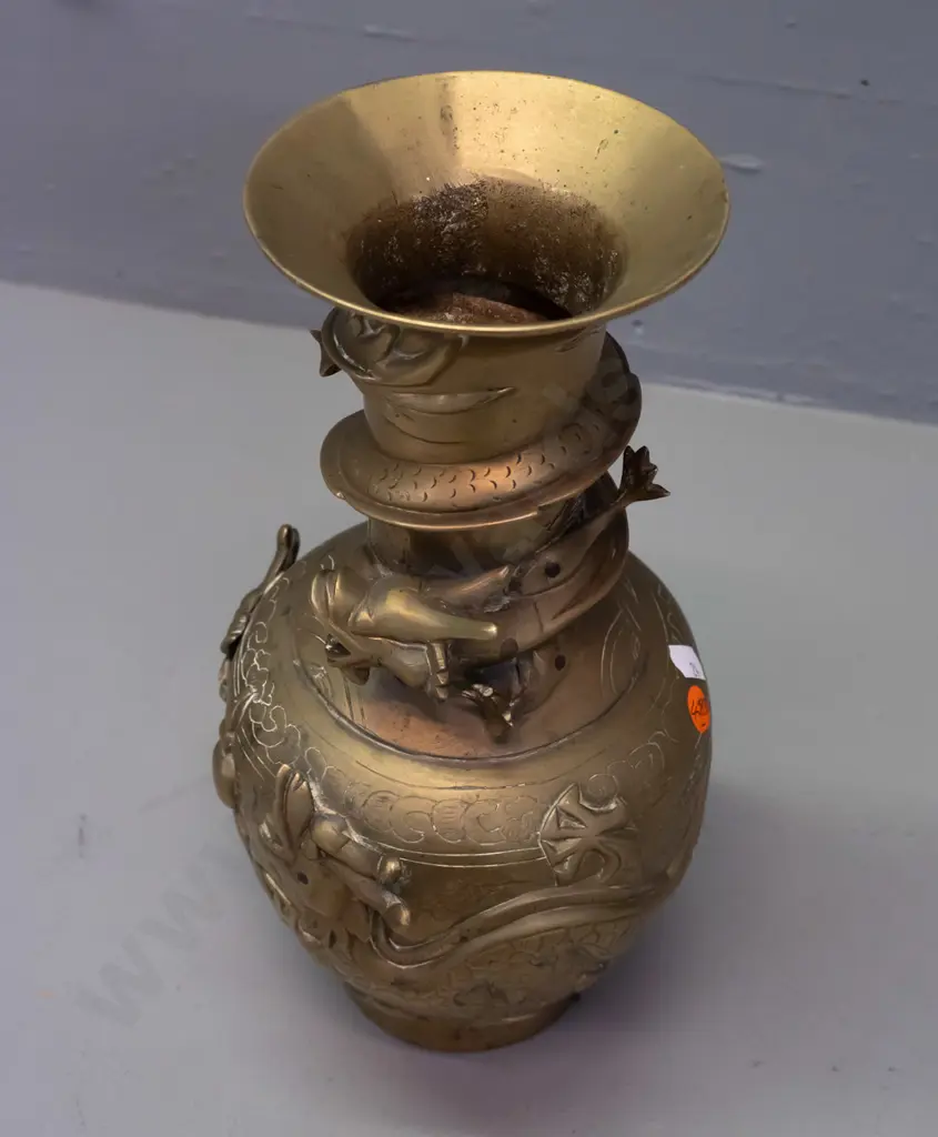 Chinese cast brass vase with etched motifs and applied dragon decoration - slight denting at top rim, discolouration Image 1++