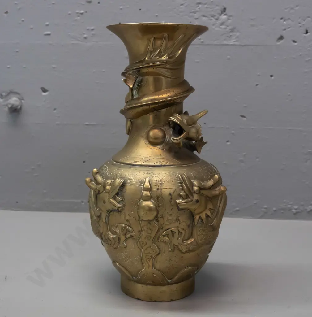 Chinese cast brass vase with etched motifs and applied dragon decoration - slight denting at top rim, discolouration Image 1++